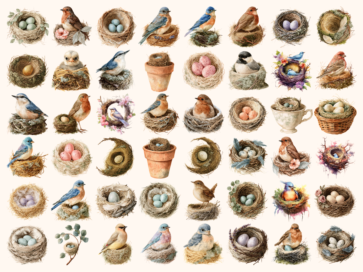 Bird Nests Watercolor Clipart