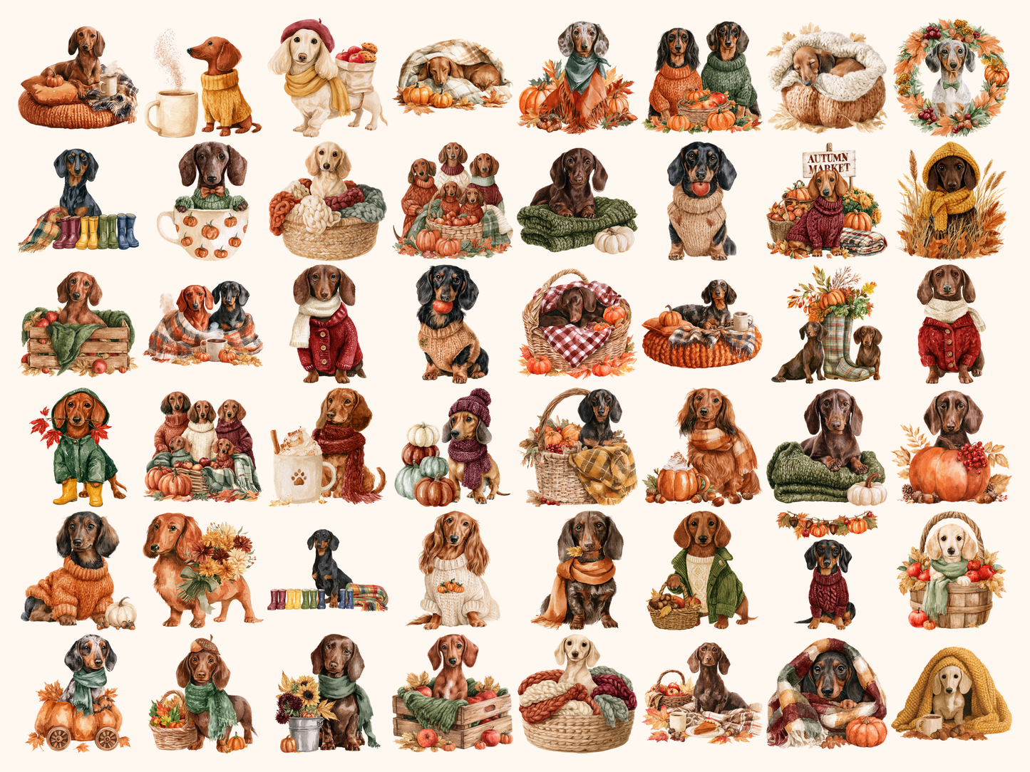 Cozy Dachshund Fall Watercolor Clipart