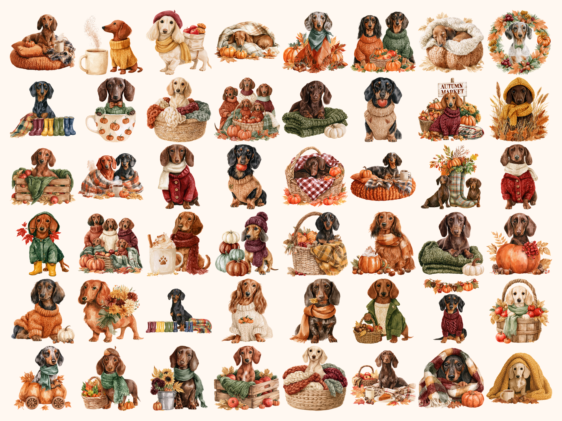Cozy Dachshund Fall Watercolor Clipart
