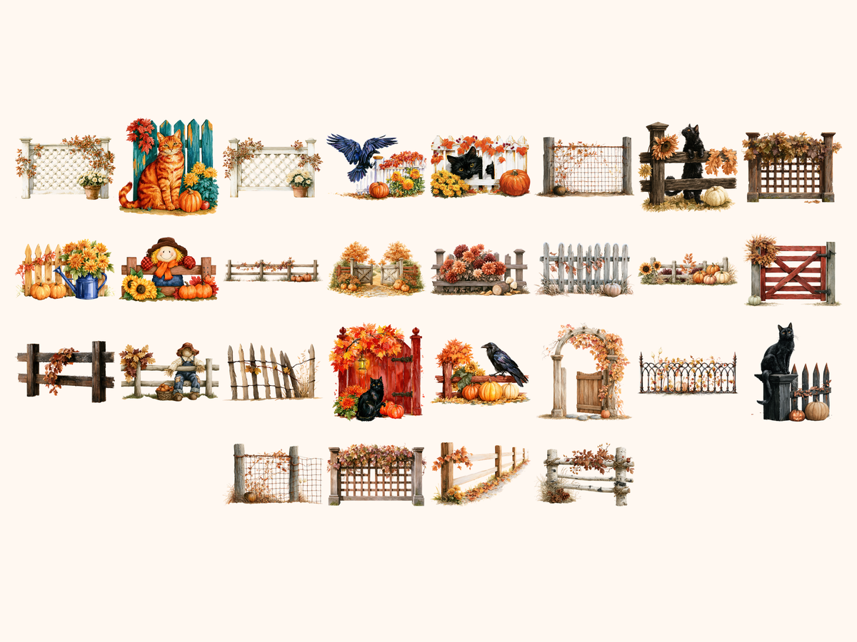 Autumn Fences Watercolor Clipart