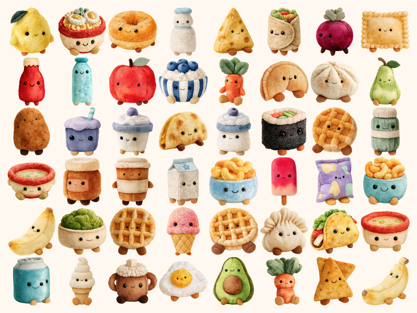 Plushie Food & Drinks Watercolor Clipart