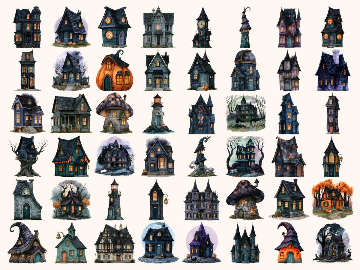 Halloween Houses Watercolor Clipart