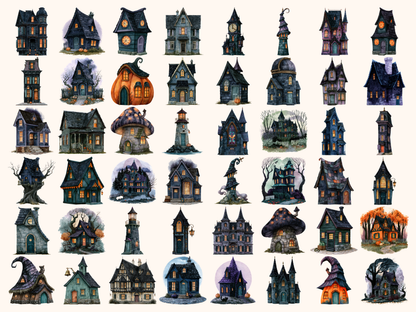 Halloween Houses Watercolor Clipart