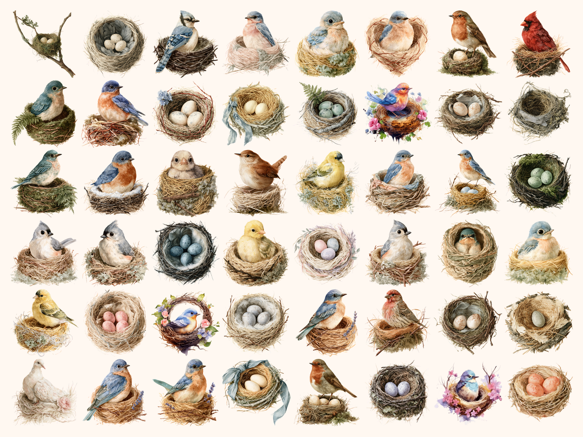 Bird Nests Watercolor Clipart