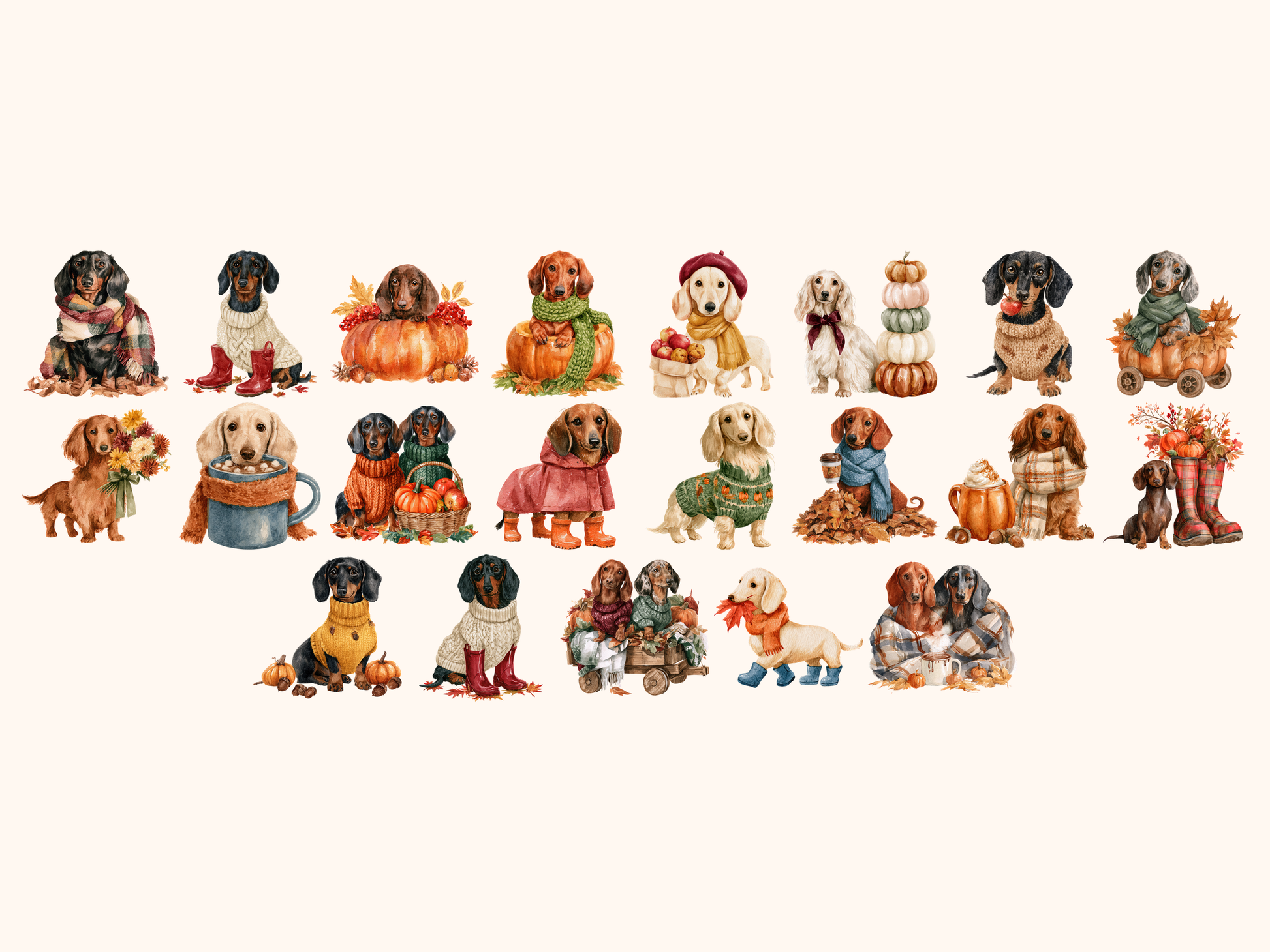 Cozy Dachshund Fall Watercolor Clipart