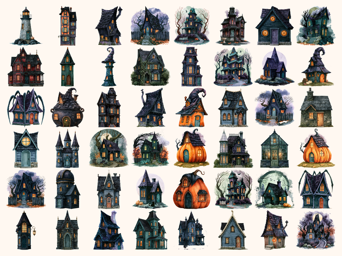 Halloween Houses Watercolor Clipart