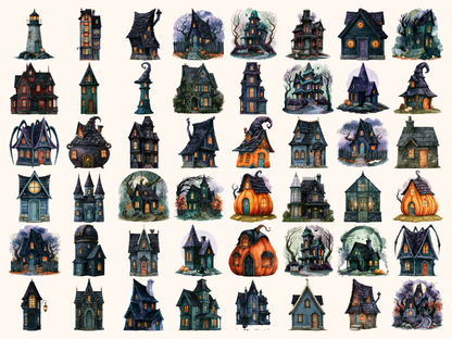 Halloween Houses Watercolor Clipart