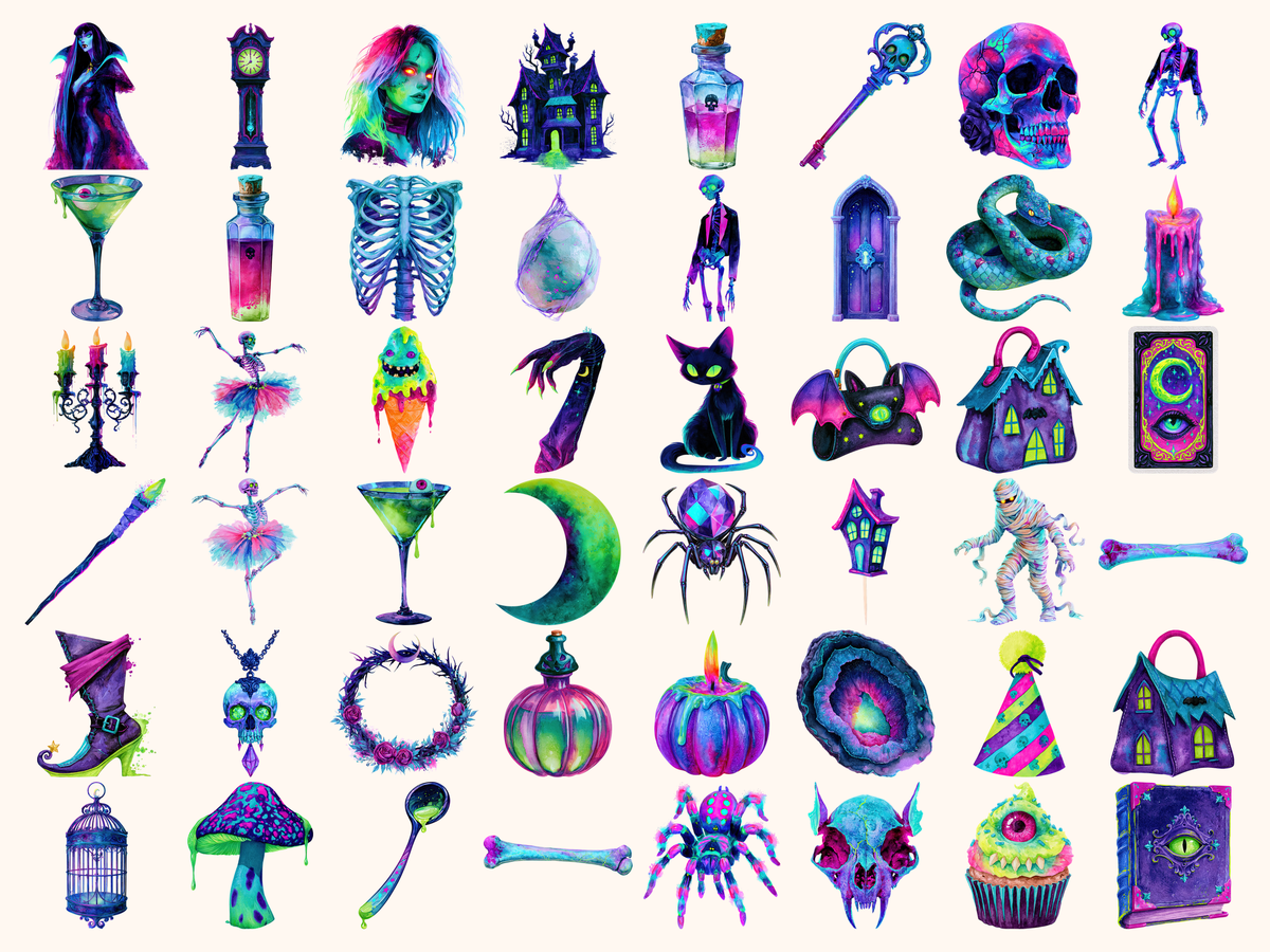 Neon Halloween Watercolor Clipart