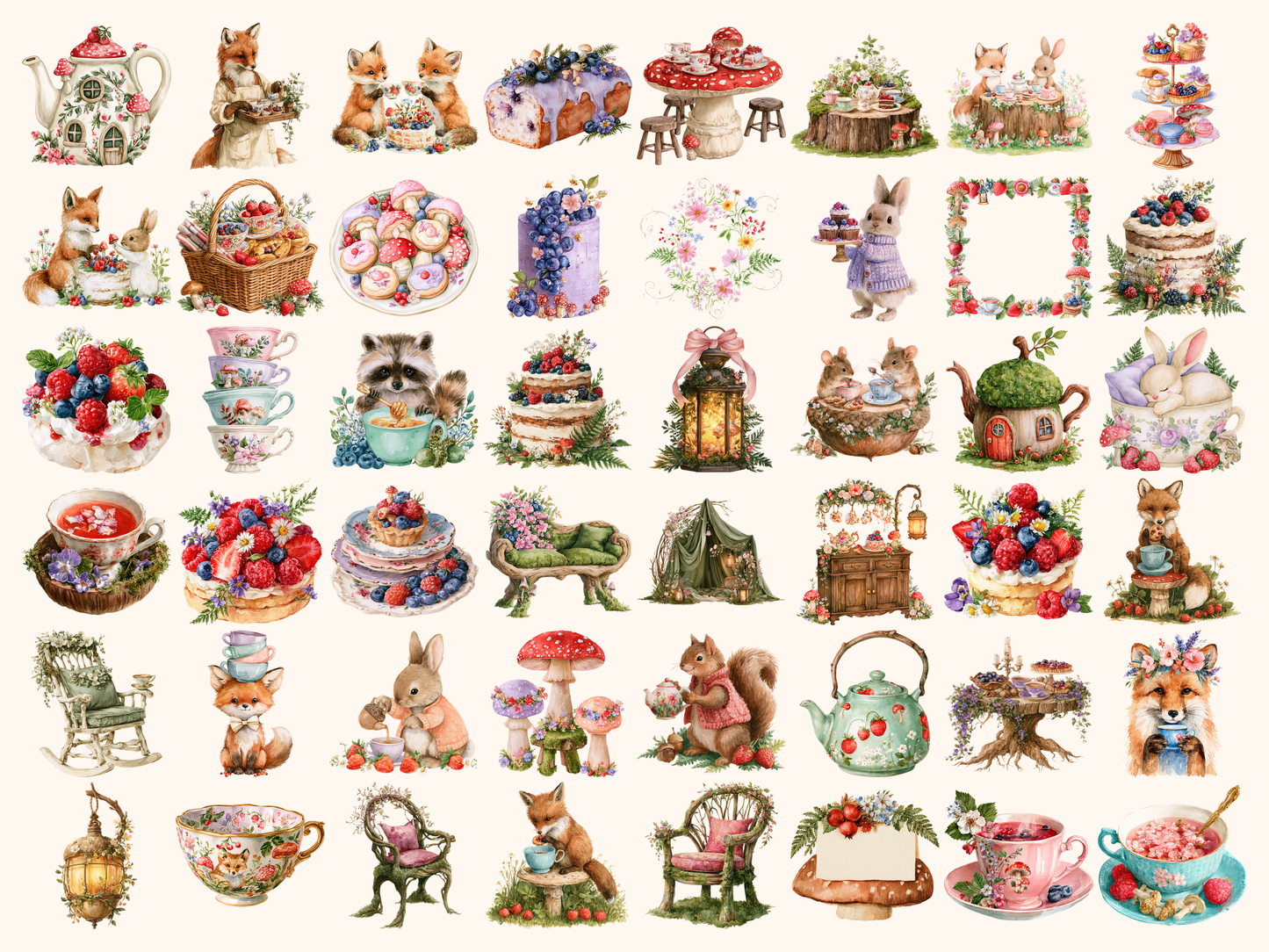 Forest Tea Party Watercolor Clipart