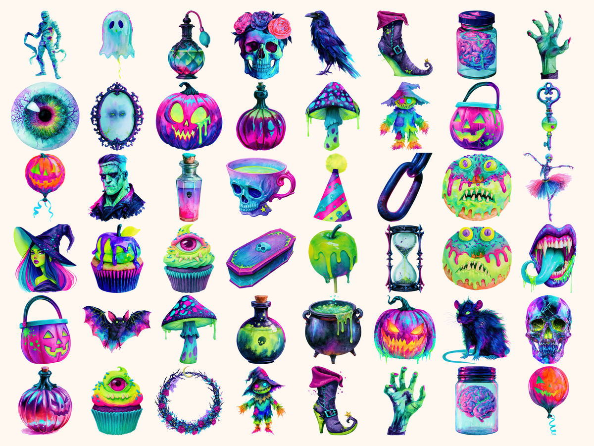 Neon Halloween Watercolor Clipart