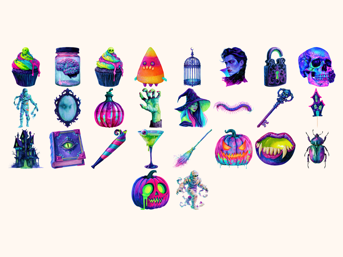 Neon Halloween Watercolor Clipart