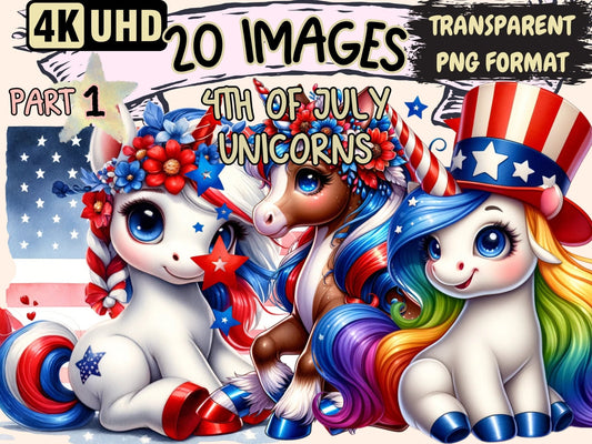 4th of July Unicorns Clipart - High - Quality Instant Digital Download for Creative Projects