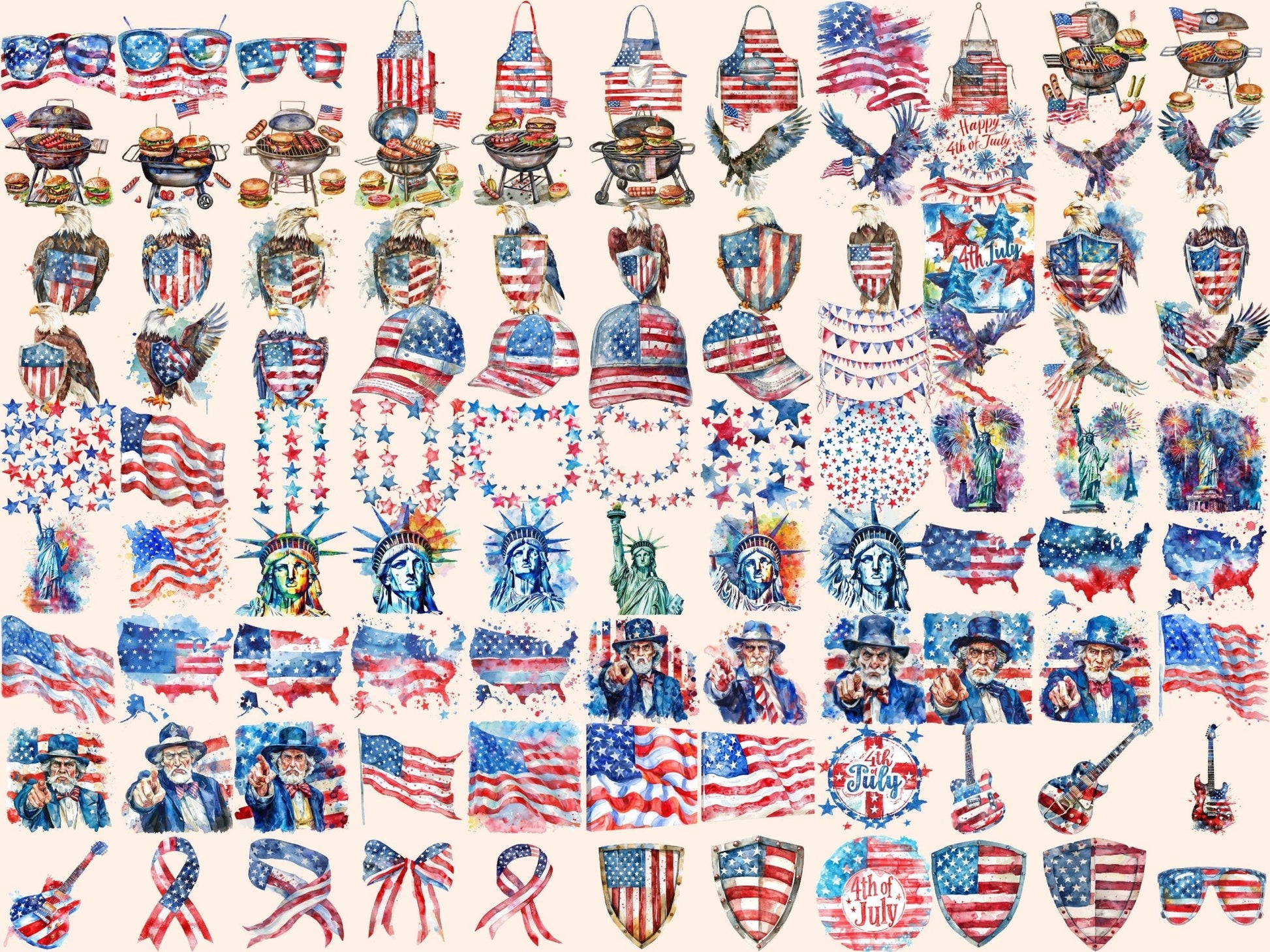 4th of July Watercolor Clipart - High - Quality Instant Digital Download for Creative Projects