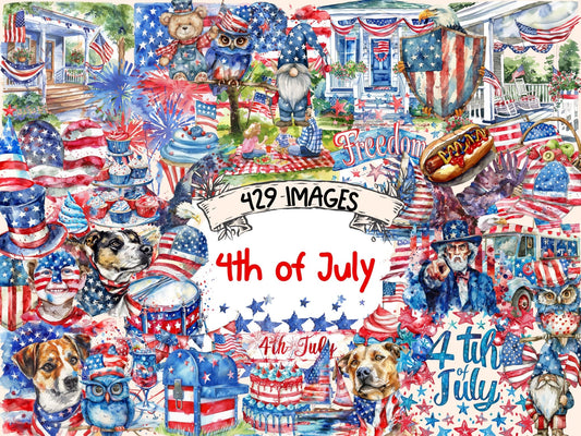 4th of July Watercolor Clipart - High - Quality Instant Digital Download for Creative Projects