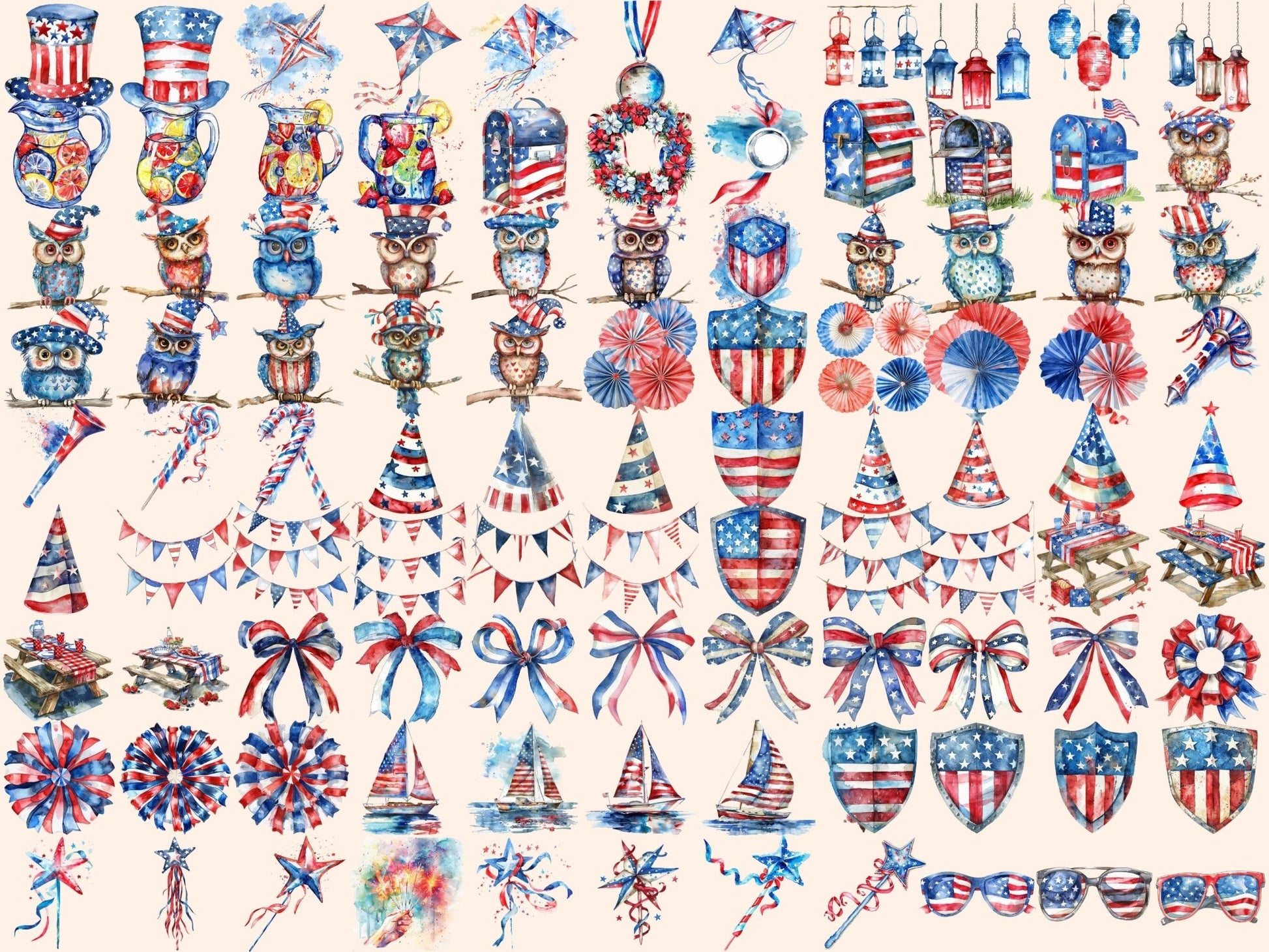 4th of July Watercolor Clipart - High - Quality Instant Digital Download for Creative Projects