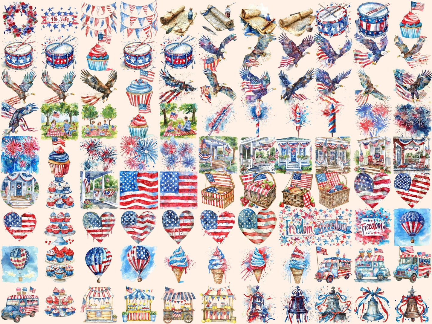 4th of July Watercolor Clipart - High - Quality Instant Digital Download for Creative Projects