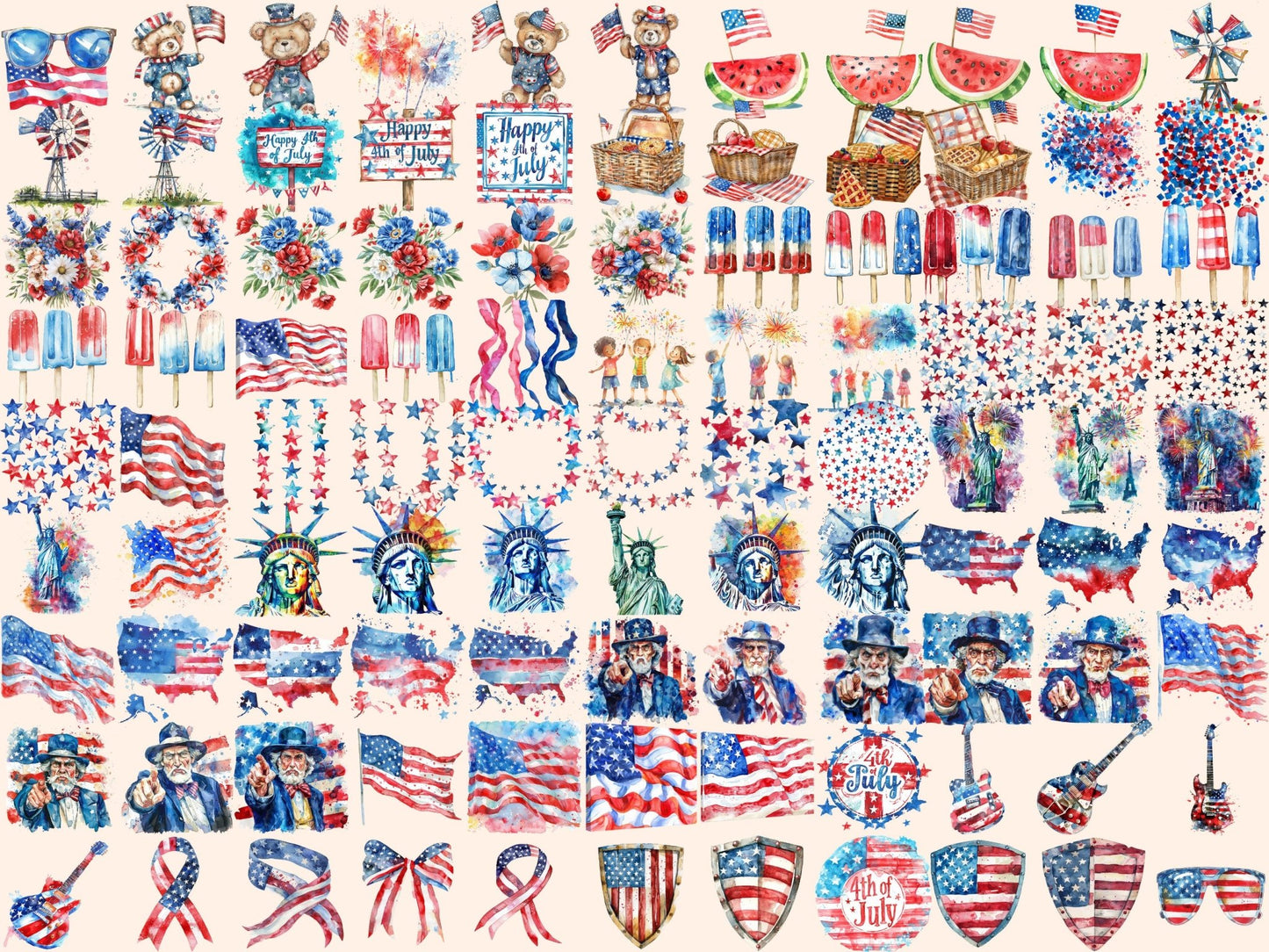 4th of July Watercolor Clipart - High - Quality Instant Digital Download for Creative Projects