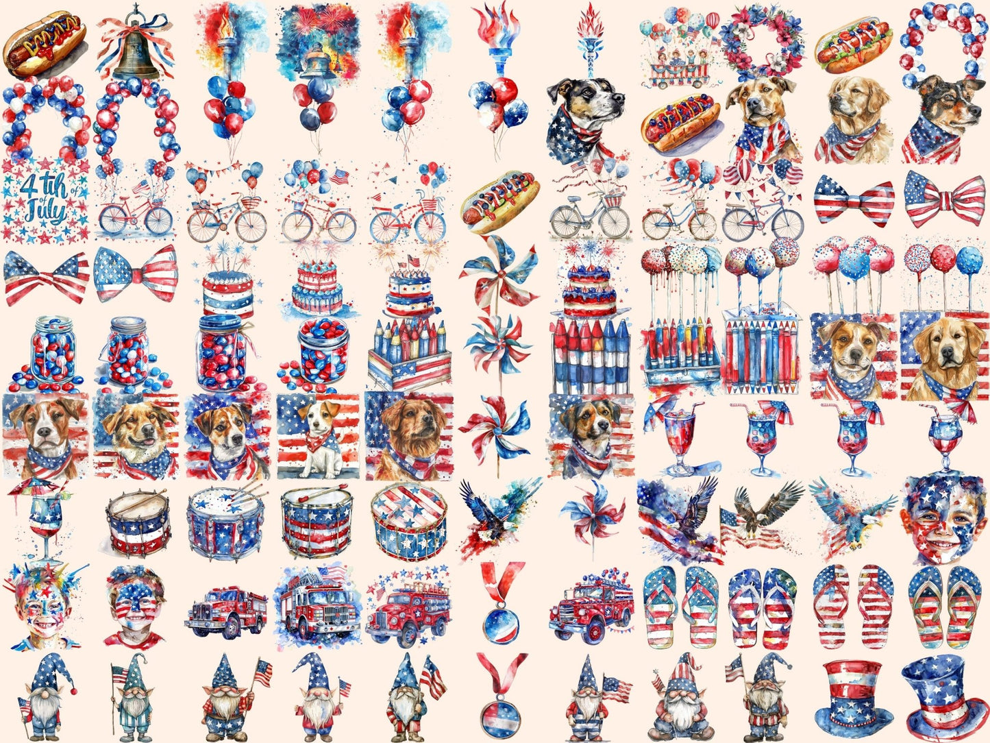 4th of July Watercolor Clipart - High - Quality Instant Digital Download for Creative Projects