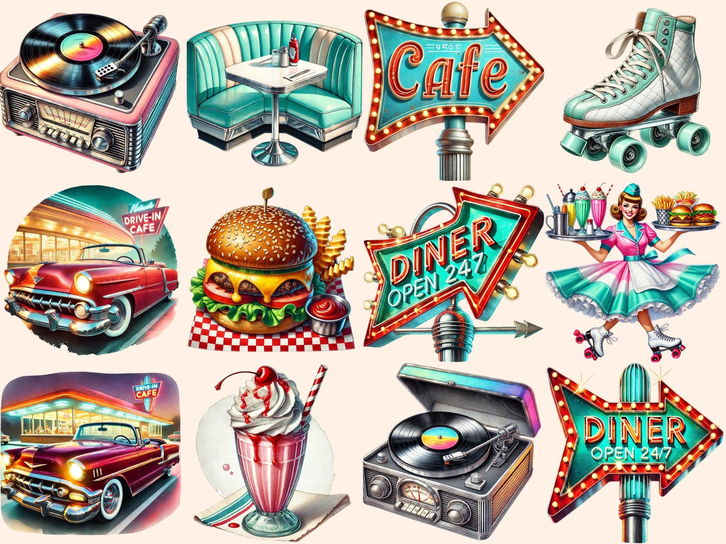 50's Diner Clipart - High - Quality Instant Digital Download for Creative Projects