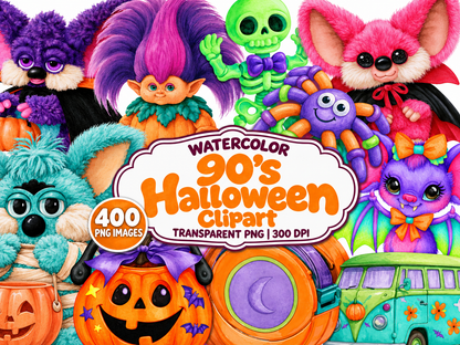 90's Halloween Watercolor Clipart — 400 PNG images