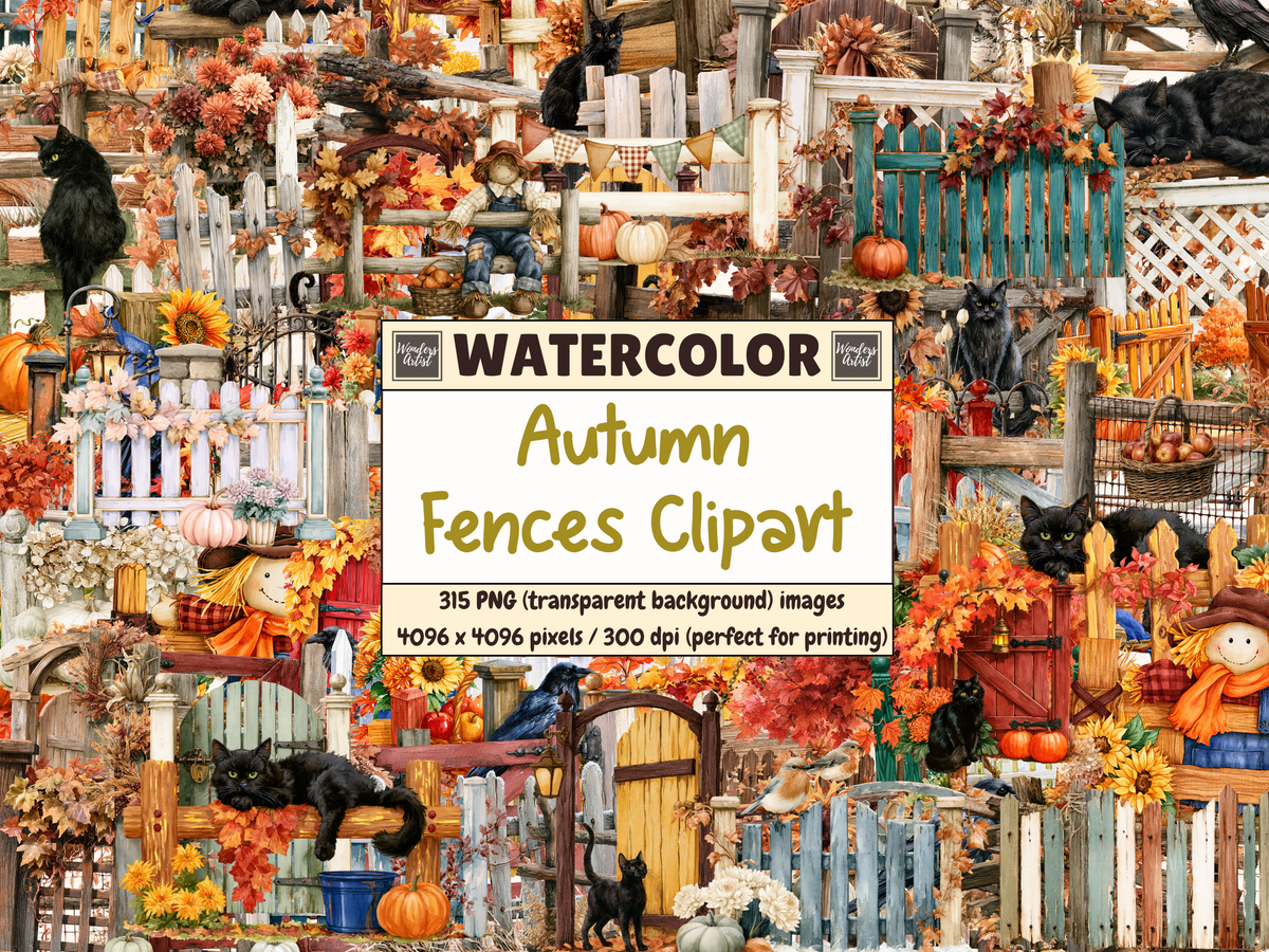 Autumn Fences Watercolor Clipart