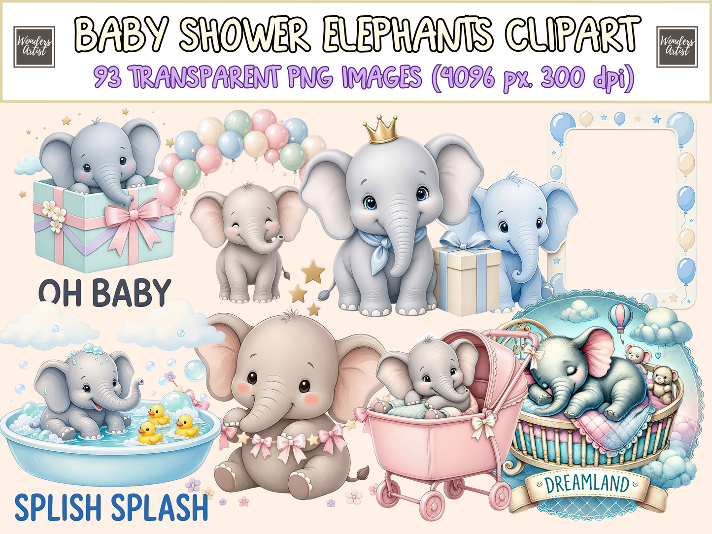 Baby Shower Elephants Clipart
