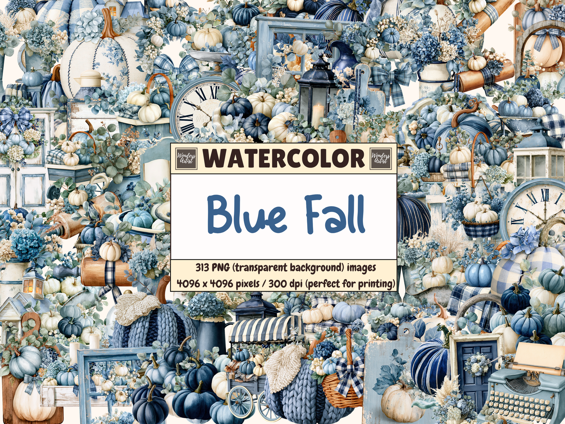 Blue Fall Watercolor Clipart