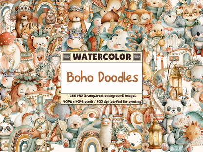 Boho Doodles Watercolor Clipart