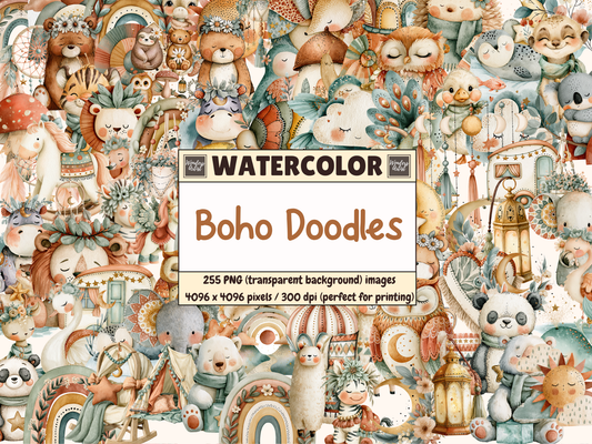 Boho Doodles Watercolor Clipart