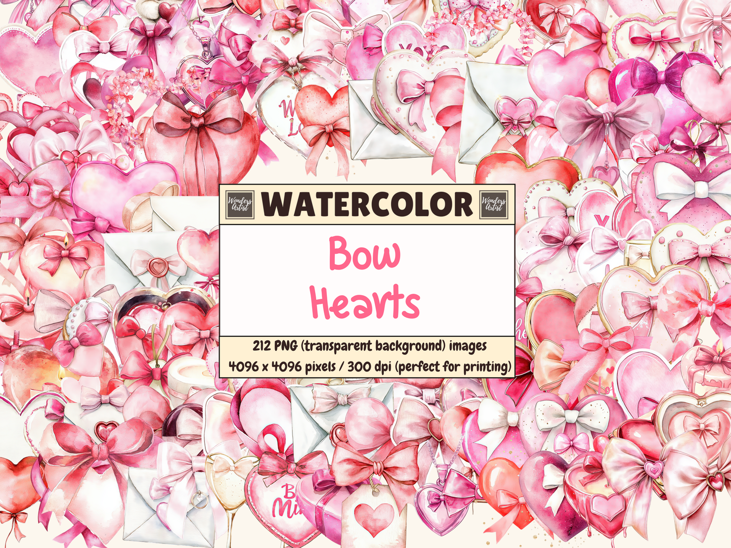 Bow Hearts Watercolor Clipart