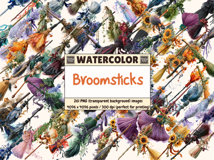 Broomsticks Watercolor Clipart