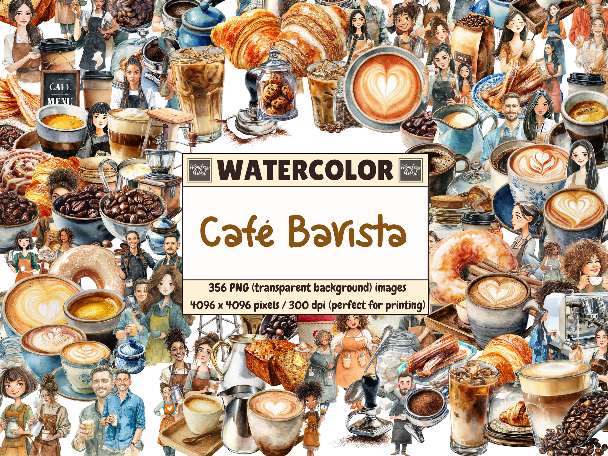 Cafe Barista Watercolor Clipart