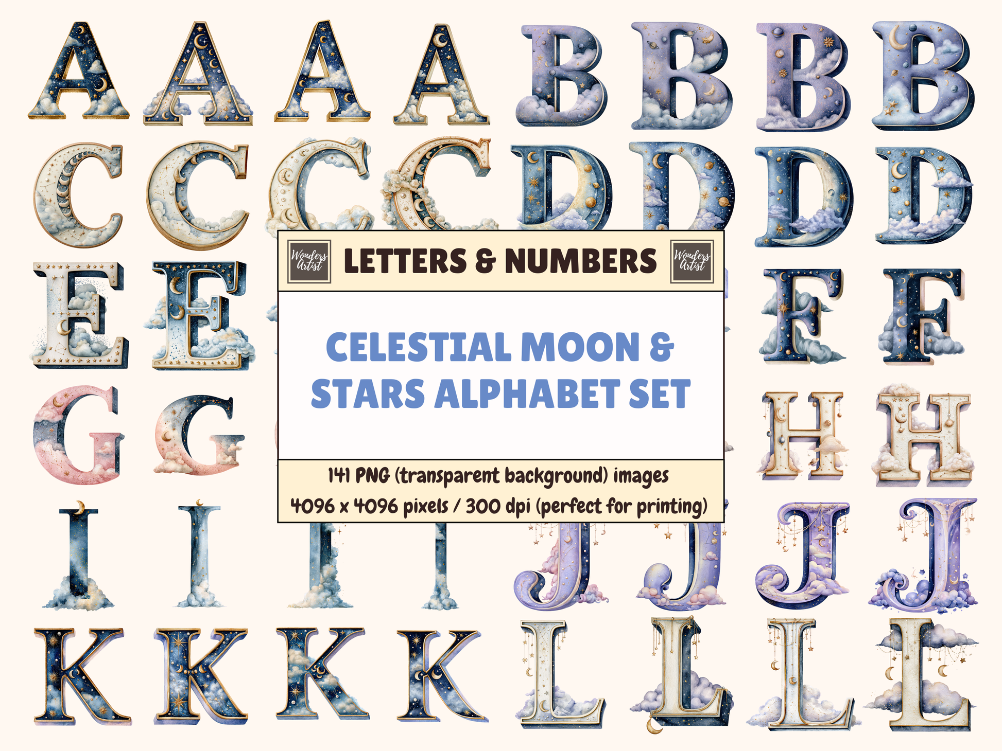 Celestial Moon & Stars Alphabet & Numbers