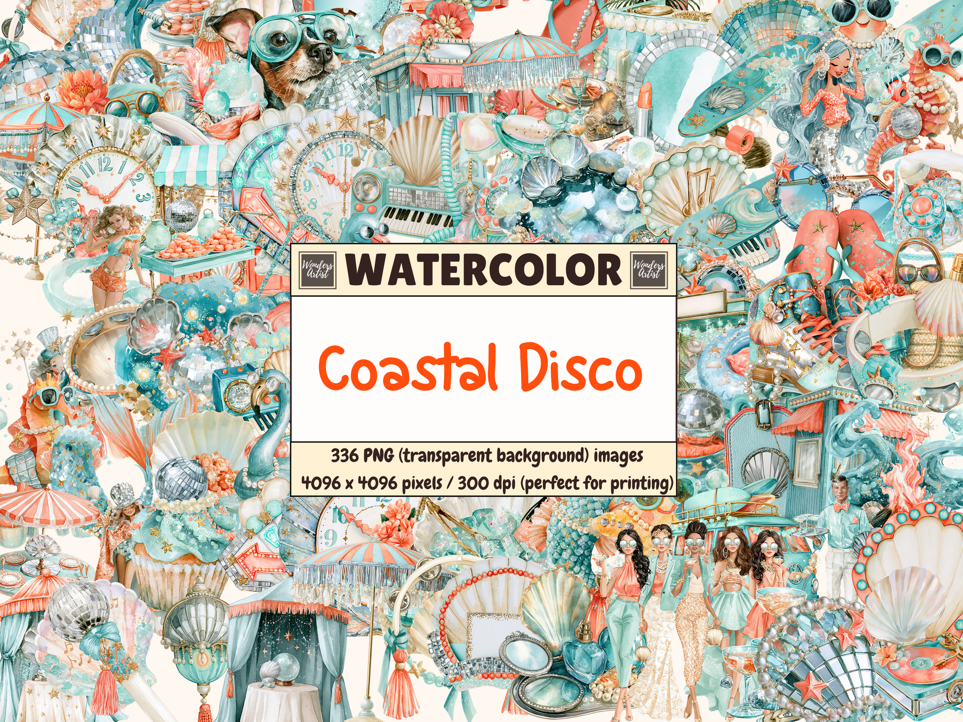 Coastal Disco Watercolor Clipart
