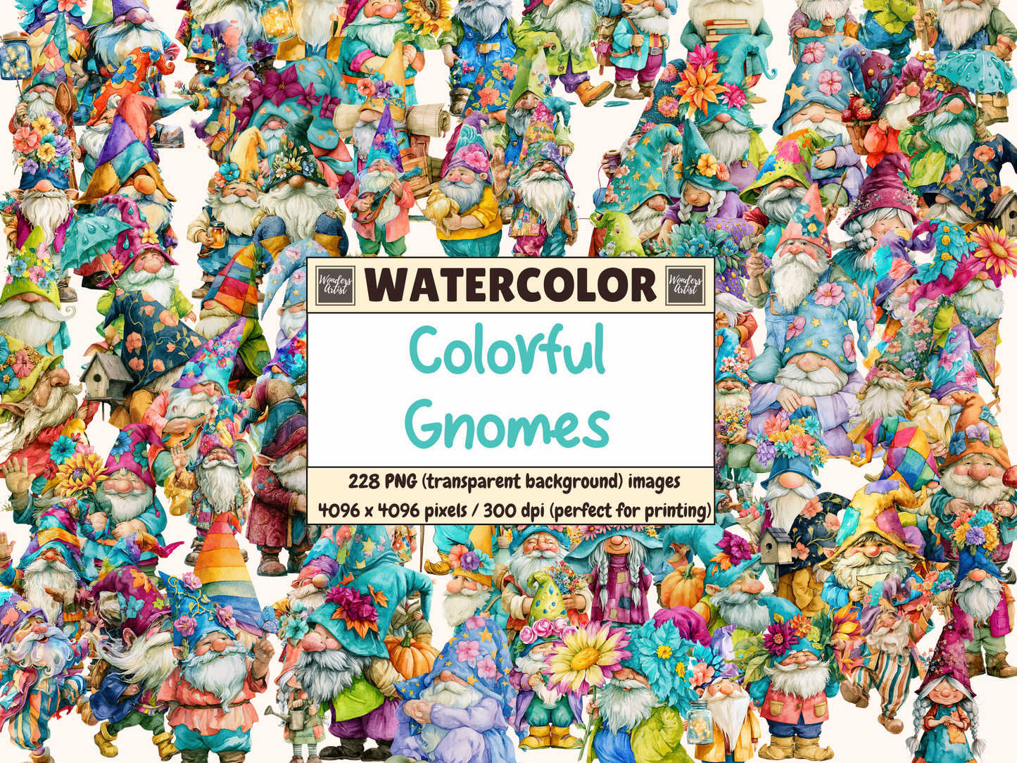 Colorful Gnomes Watercolor Clipart