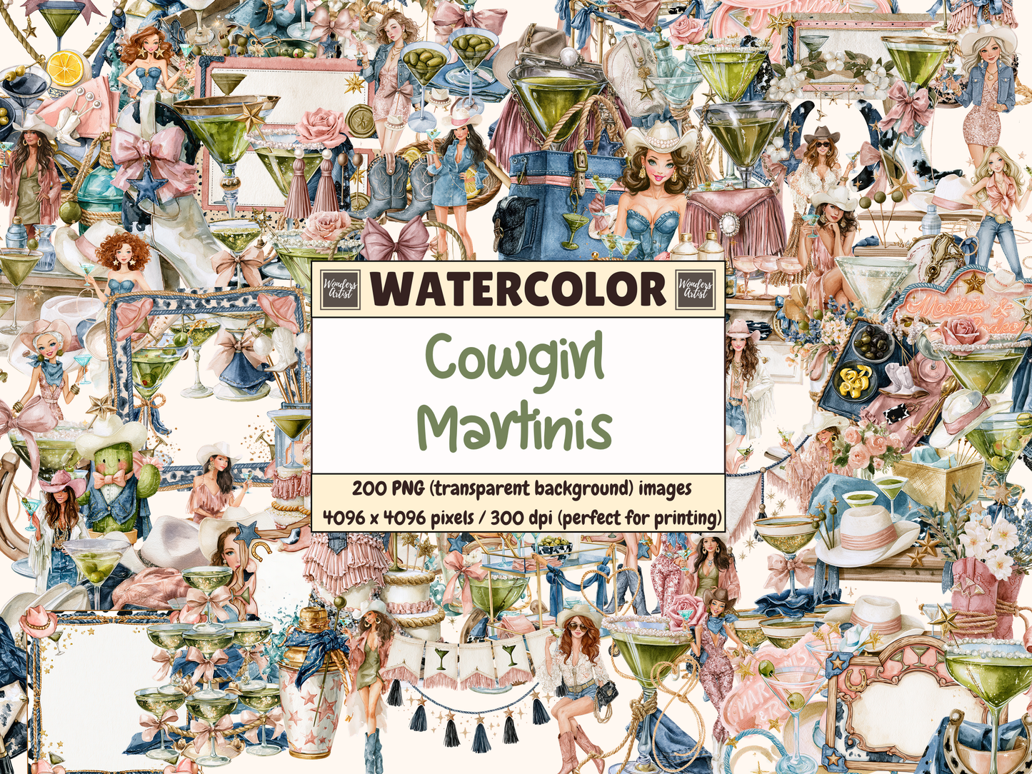 Cowgirl Martinis Watercolor Clipart