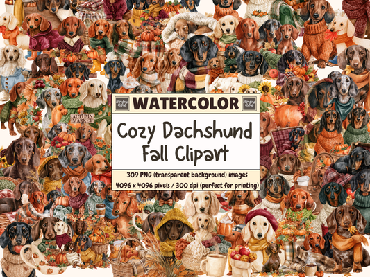 Cozy Dachshund Fall Watercolor Clipart