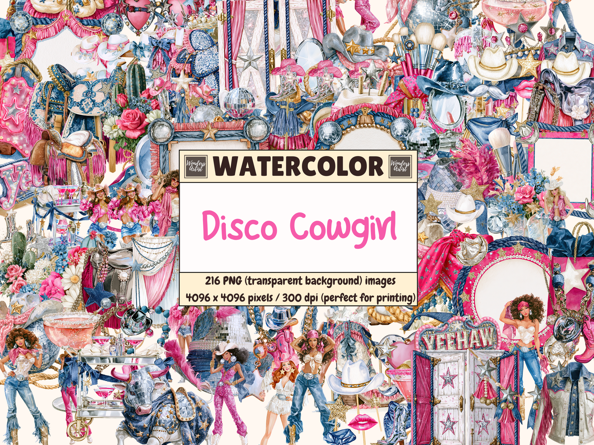 Disco Cowgirl Watercolor Clipart