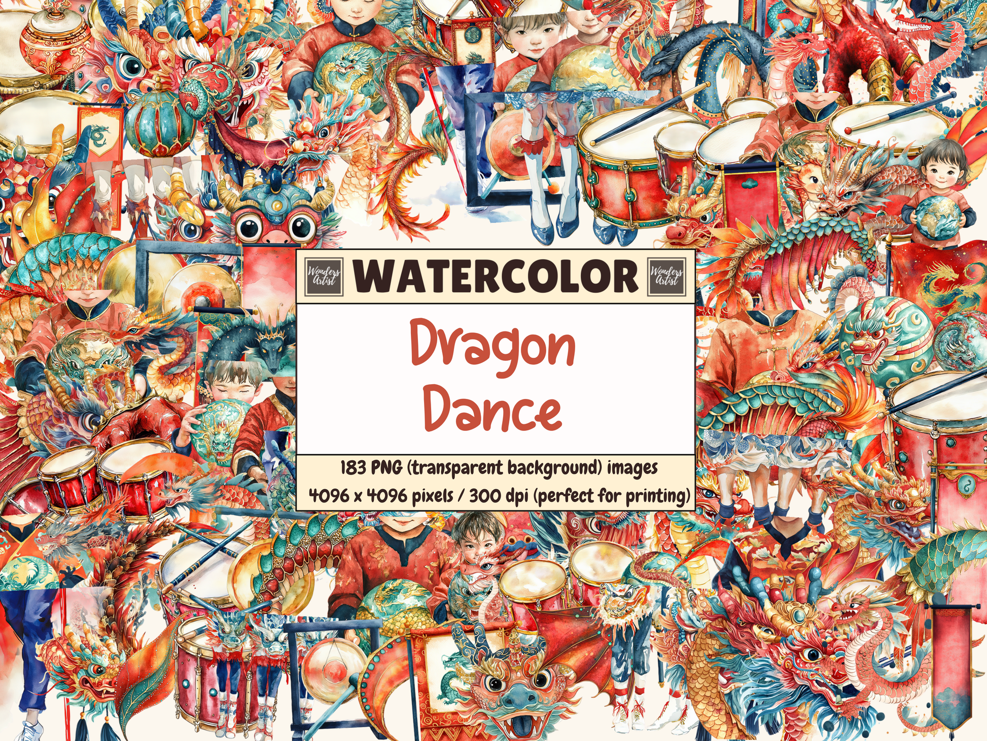 Dragon Dance Watercolor Clipart