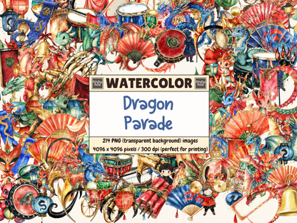 Dragon Parade Watercolor Clipart
