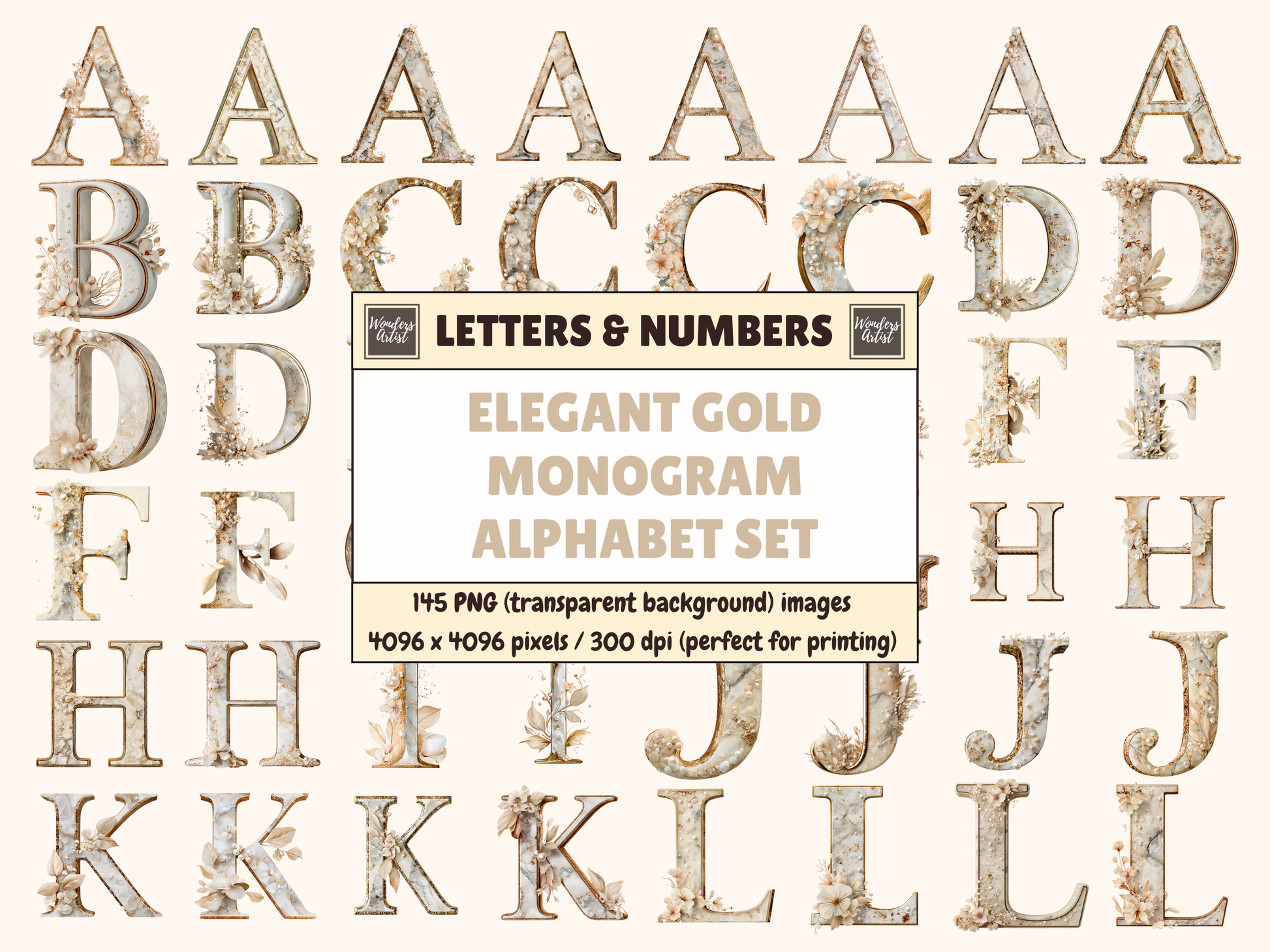 Elegant Gold Monogram Alphabet & Numbers