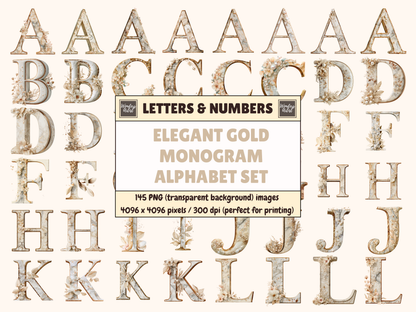 Elegant Gold Monogram Alphabet & Numbers