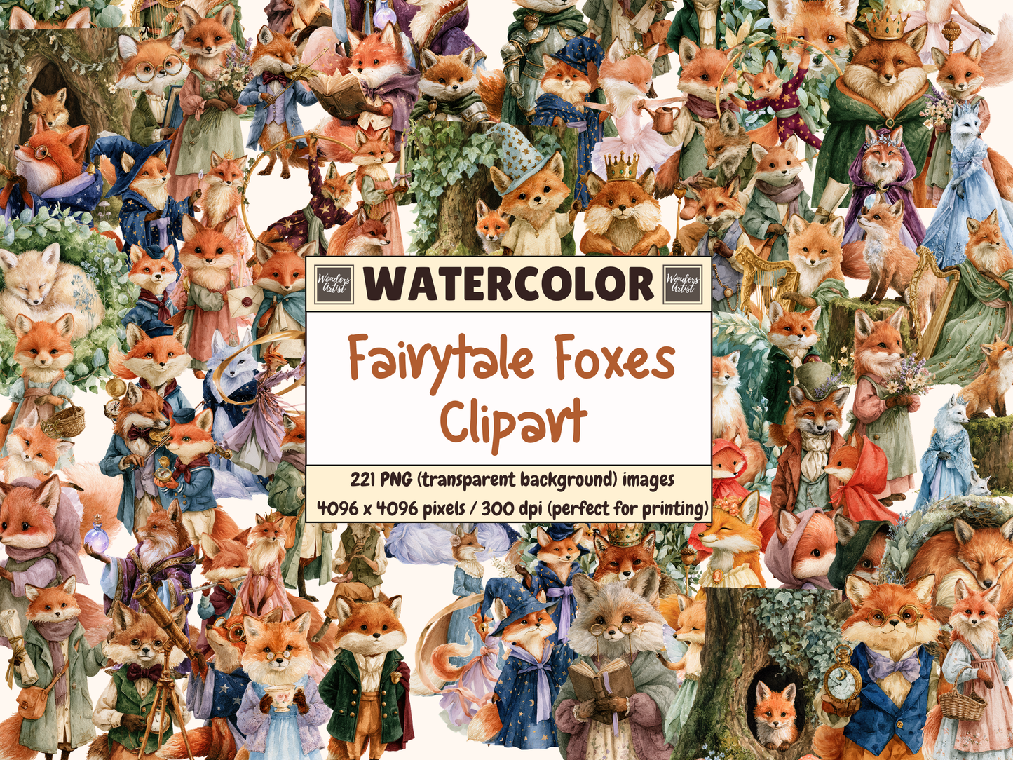 Fairytale Foxes Watercolor Clipart