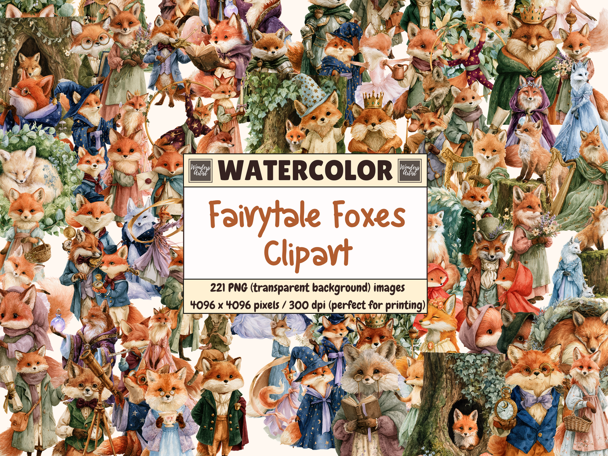 Fairytale Foxes Watercolor Clipart