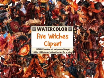 Fire Witches Watercolor Clipart