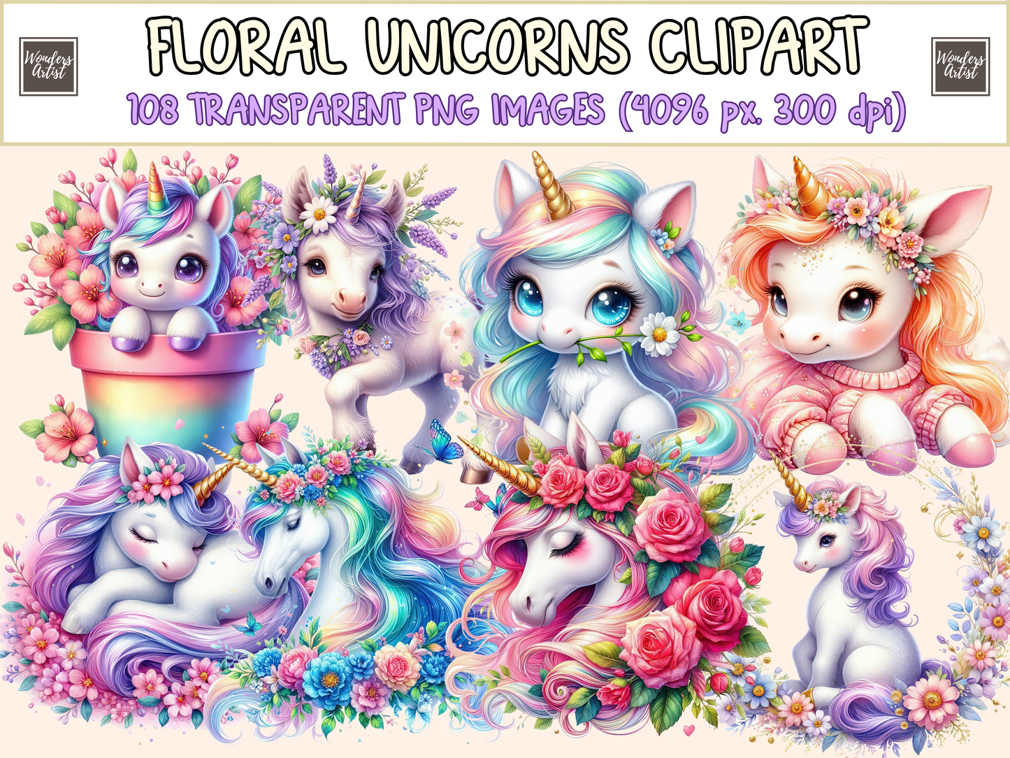 Floral Unicorns Clipart