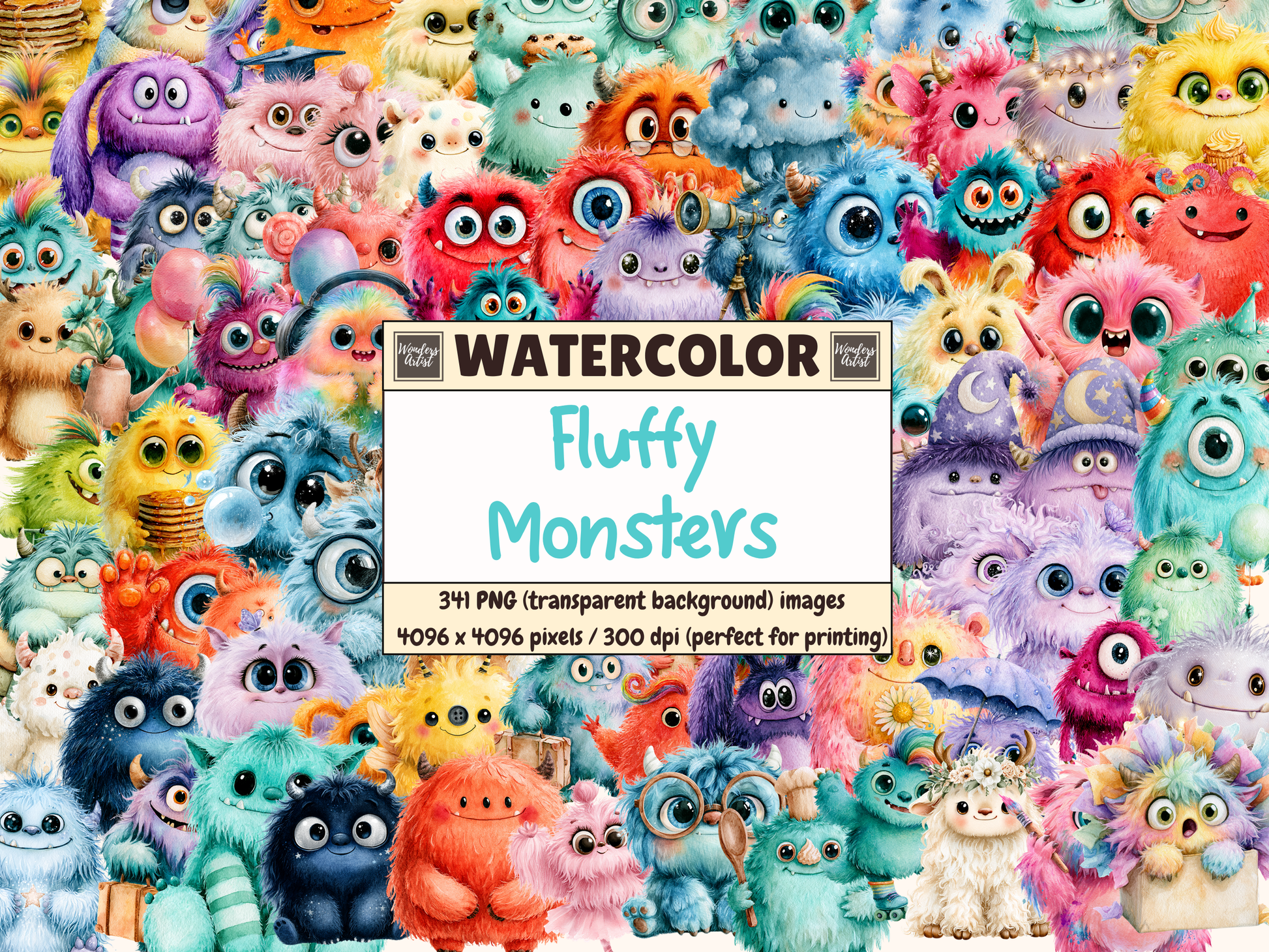 Fluffy Monsters Watercolor Clipart