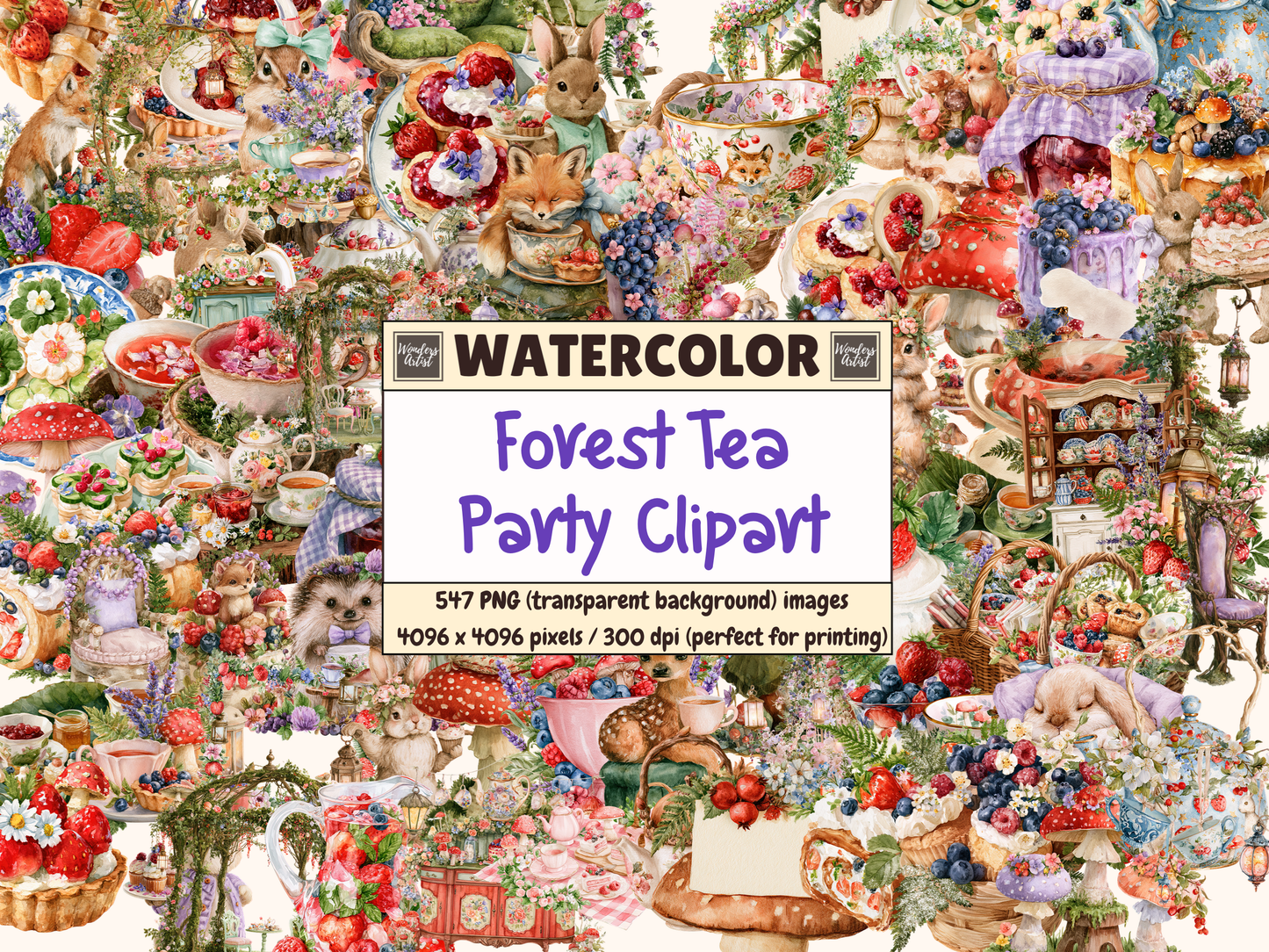 Forest Tea Party Watercolor Clipart
