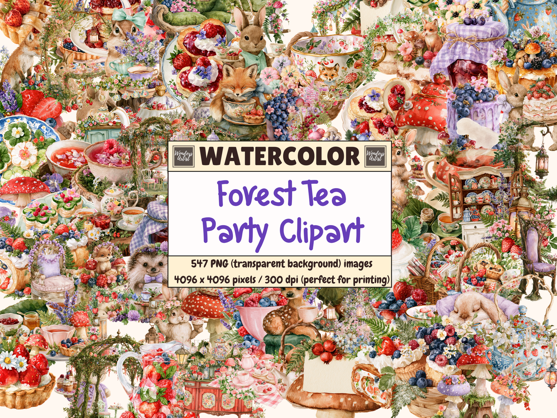 Forest Tea Party Watercolor Clipart