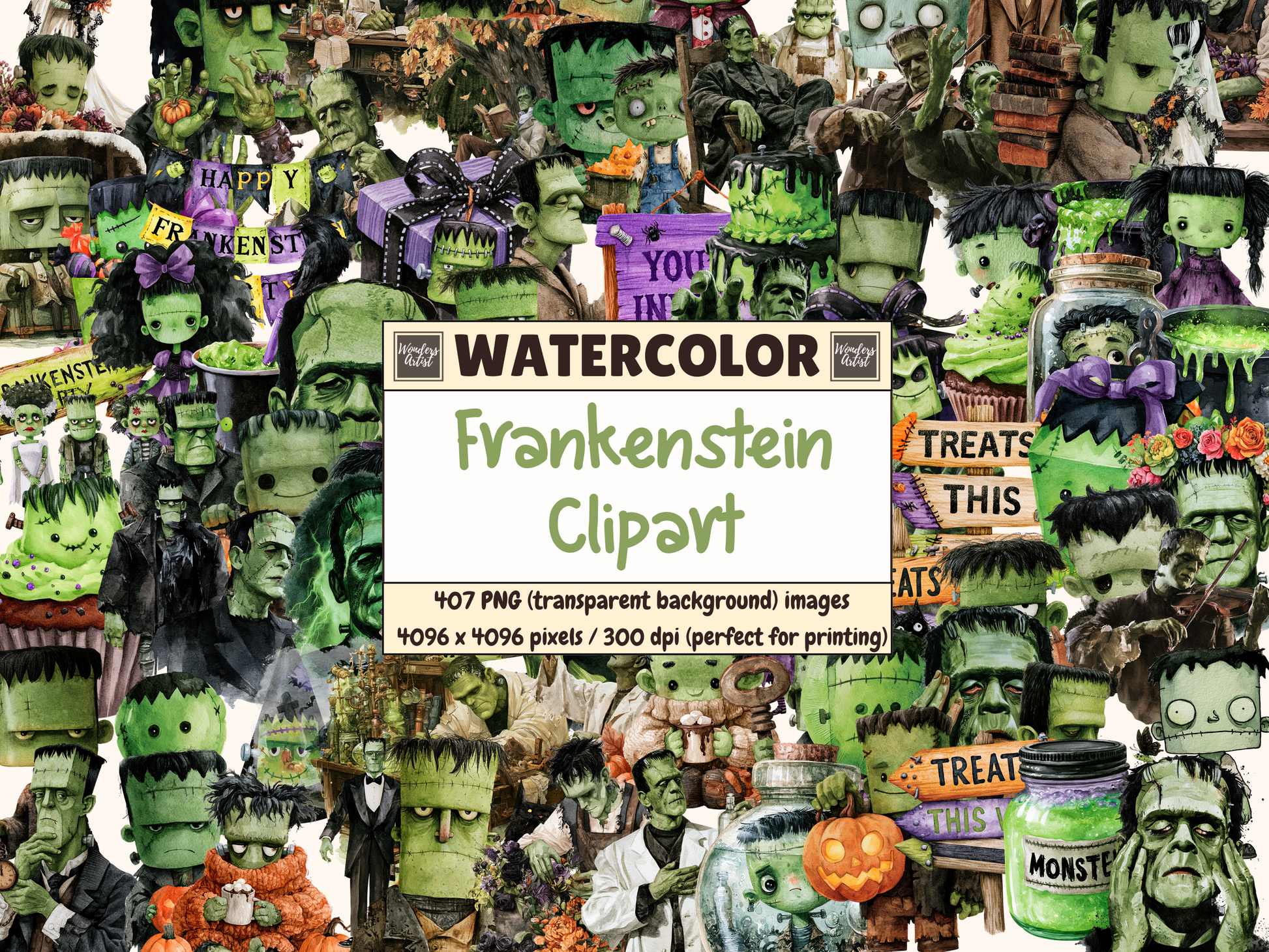 Frankenstein Watercolor Clipart
